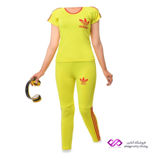 تیشرت و ساپورت سه خط آدیداس ورزشی زنانه زرد