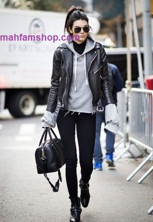 استایل پاییزی دخترانه با هودی و کاپشن چرم