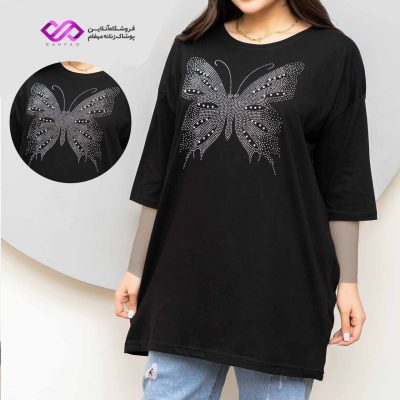 تیشرت لانگ مشکی طرح پروانه
