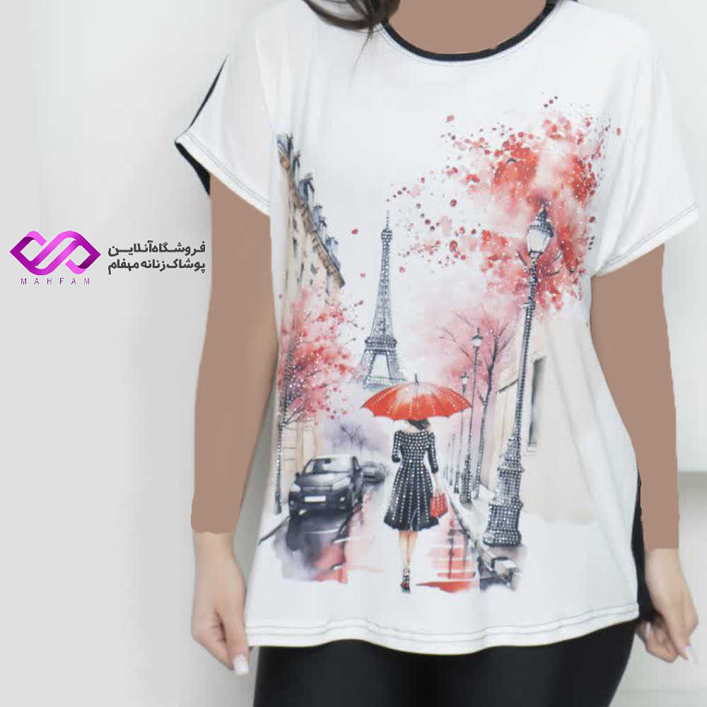 طرح تیشرت کیمونو سفیدمشکی دختر و ایفل
