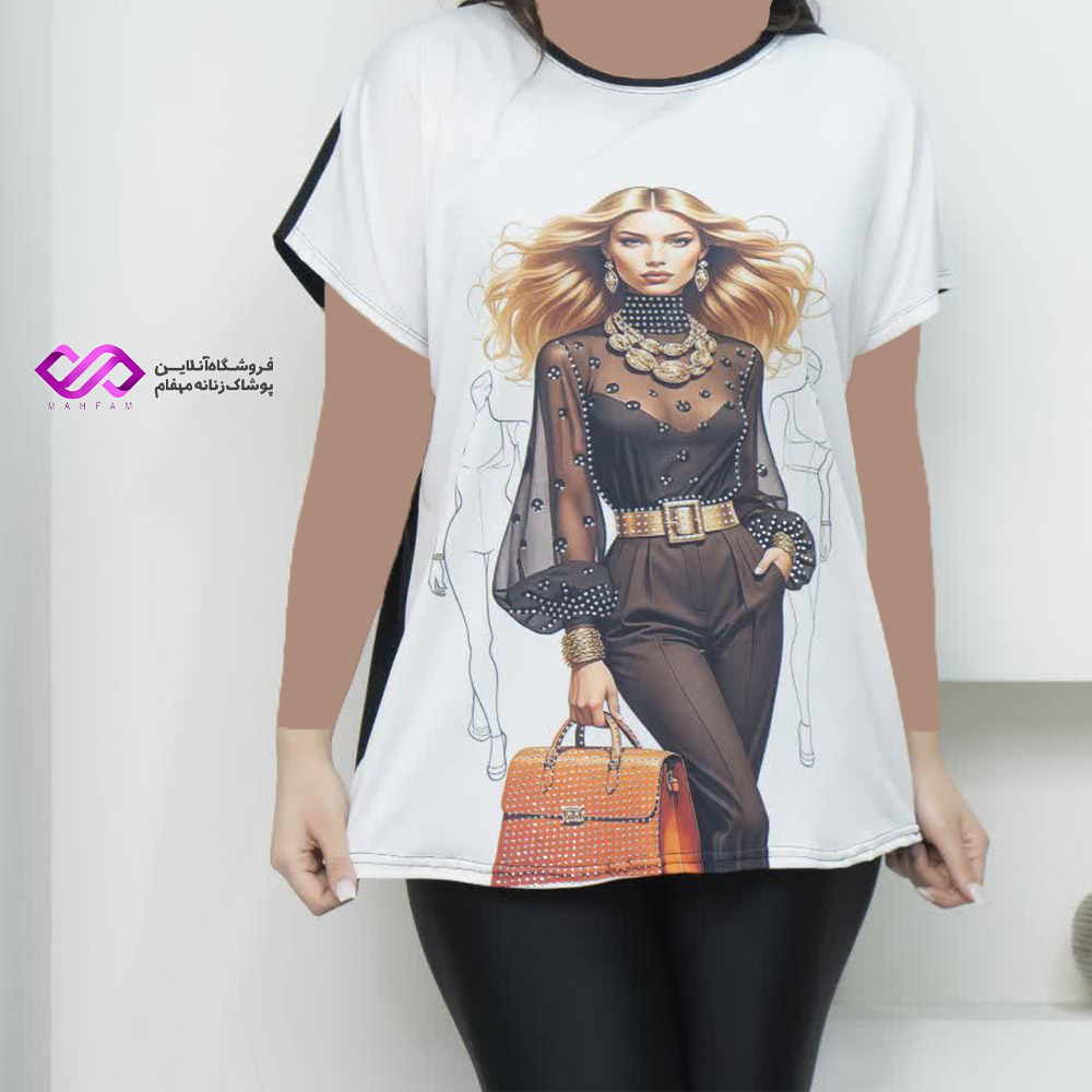 تیشرت کیمونو سفیدمشکی طرح دختر