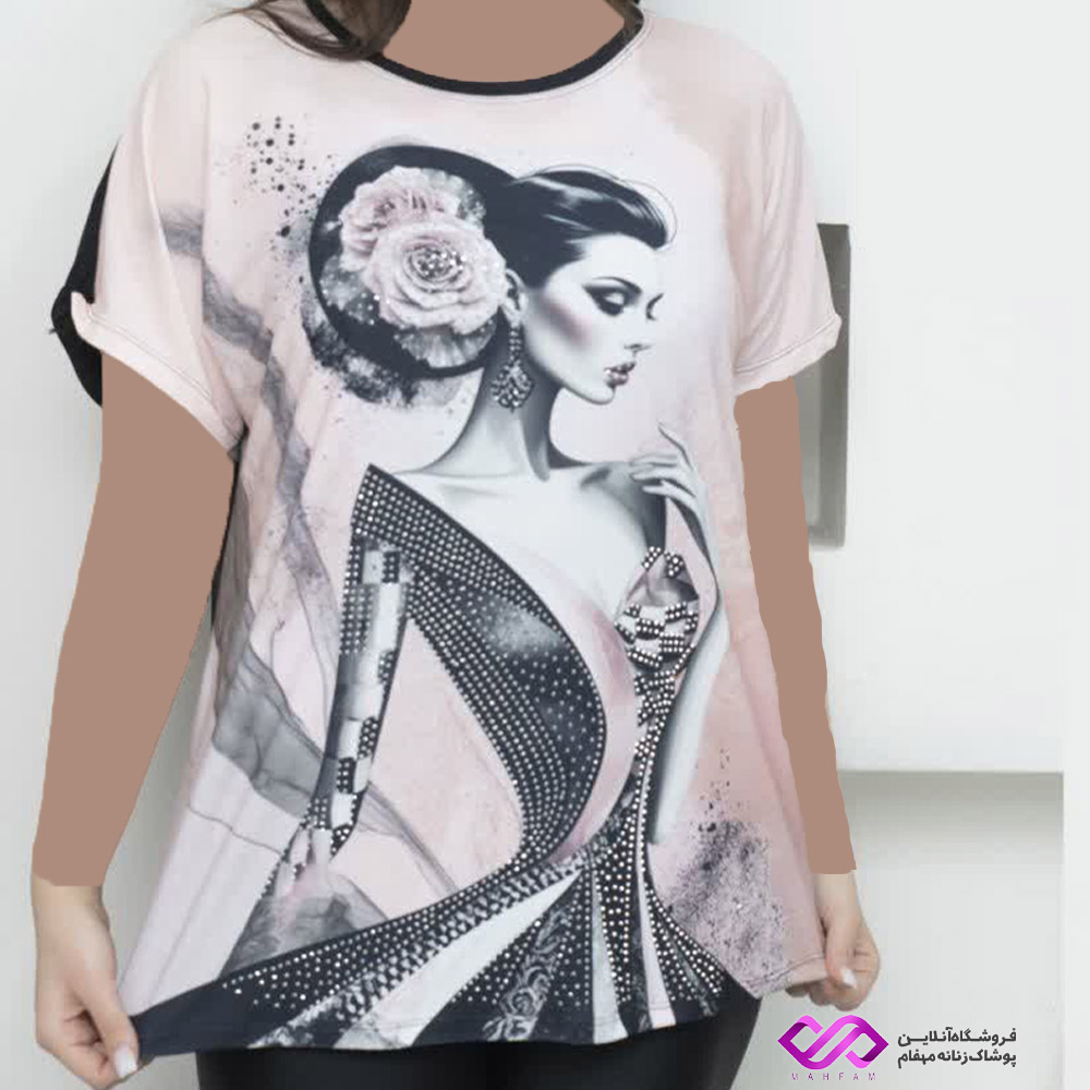 تیشرت کیمونو سفیدمشکی طرح زن و گل