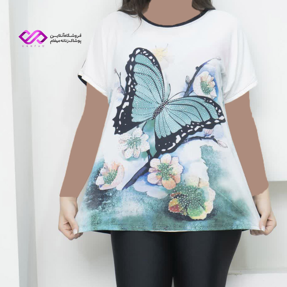 تیشرت کیمونو سفیدمشکی طرح پروانه
